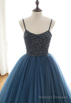 Blue Tulle Long Prom Dresses, A-Line Evening Dresses with Beading