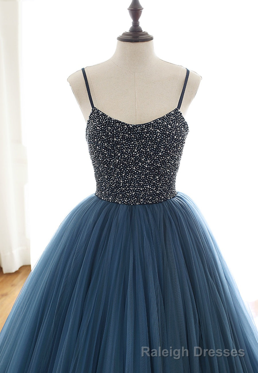 Blue Tulle Long Prom Dresses, A-Line Evening Dresses with Beading