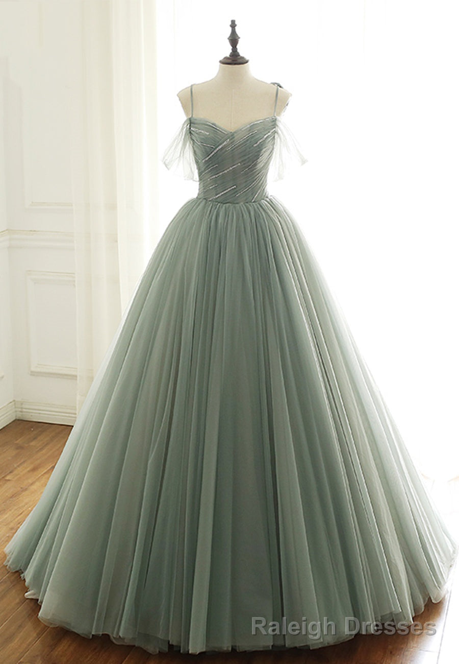 Green Tulle Long Prom Dresses, A-Line Spaghetti Straps Evening Dresses Main image