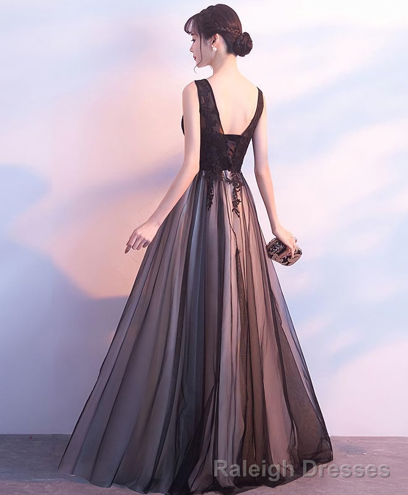 Black Tulle V Neck Long Prom Dress Black Evening Dress