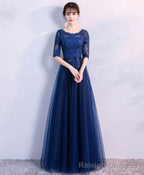 Blue Tulle Lace Long Prom Dress, Lace Prom Dress