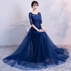 Blue Tulle Lace Long Prom Dress, Lace Evening Dress