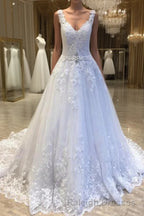 Delicate V Neck With Lace Appliques Wedding Dresses