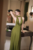Drop Neck Silk Maxi Dresses Wedding Guest Dresses Prom Dress Prom Gown