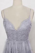 Spaghetti Straps Long Lace Prom Gown A Line V Neck Sleeveless Prom Dress