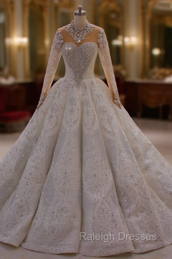Dubai Style White High Neck Crystal Long Sleeve Wedding Dress Main image