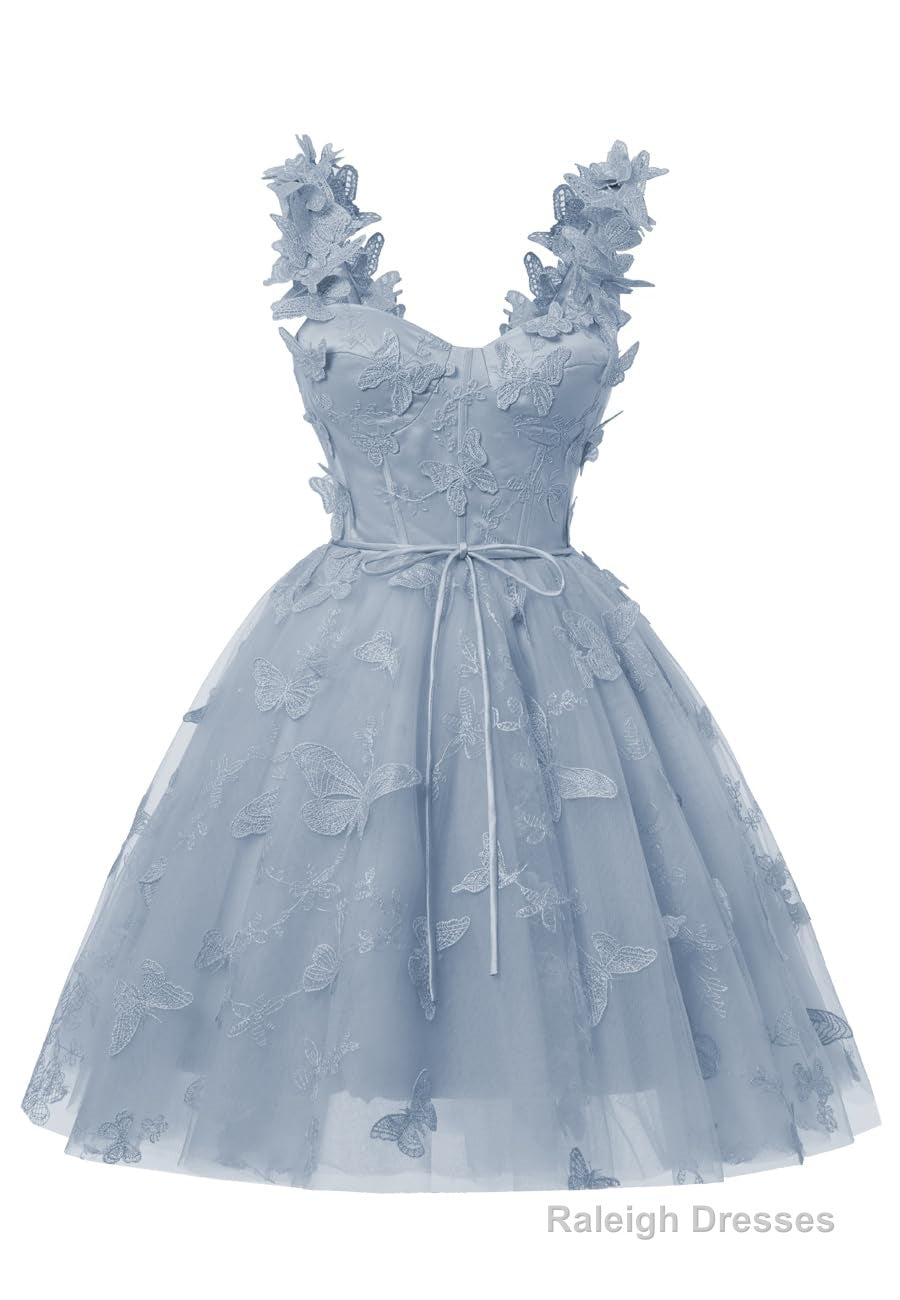 Dusty Blue 3D Butterfly Lace Applique Tulle Homecoming Dress for Teens Sweetheart Mini Short Prom Dresses Secondary image