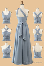 Dusty Blue A-line Chiffon Long Convertible Bridesmaid Dress