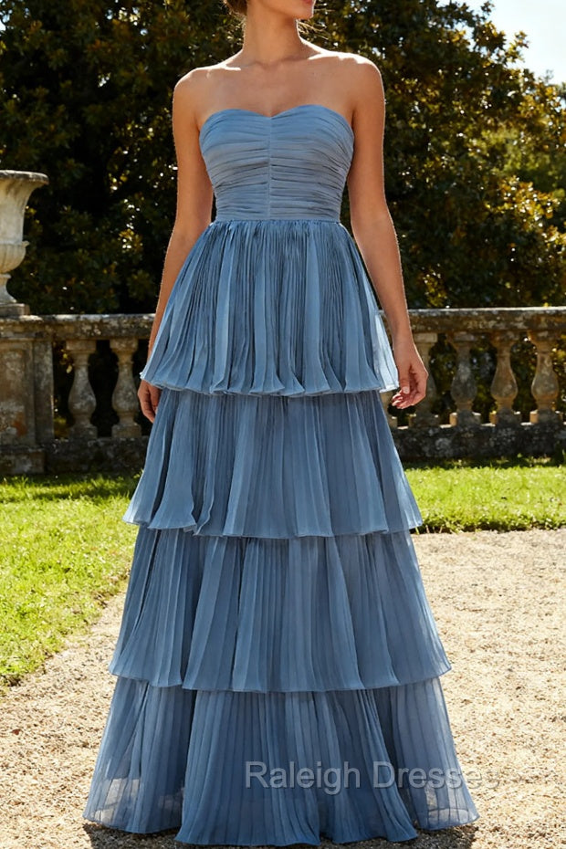 Dusty Blue A-Line Strapless Pleated Tiered Long Bridesmaid Dress