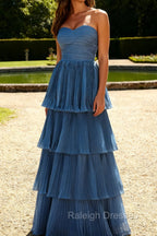 Dusty Blue A-Line Strapless Pleated Tiered Long Bridesmaid Dress