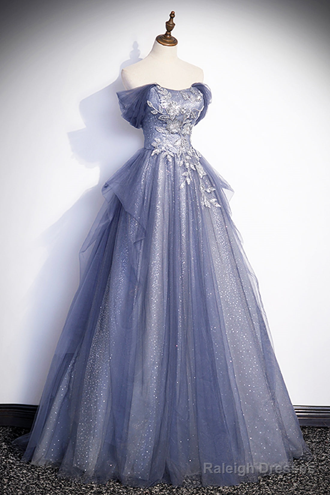 Dusty Blue Off The Shoulder Lace Long Prom Dress, A-Line Shiny Tulle Evening Dress