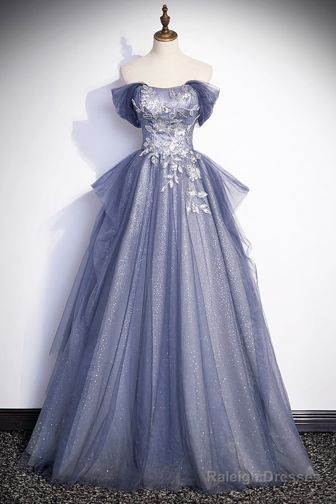 Dusty Blue Off The Shoulder Lace Long Prom Dress, A-Line Shiny Tulle Evening Dress Main image