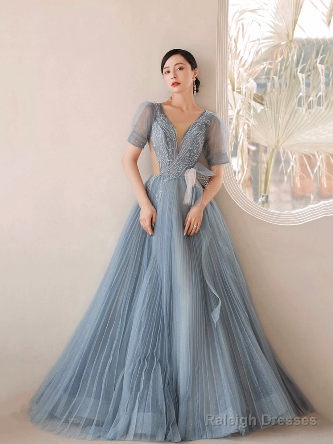 Dusty Blue Pleated Tulle Floor Length Prom Dress, Beautiful Short Sleeve Evening Party Dress