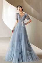 Dusty Blue Pleated Tulle Floor Length Prom Dresses Beautiful Short Sleeve Prom Dresses
