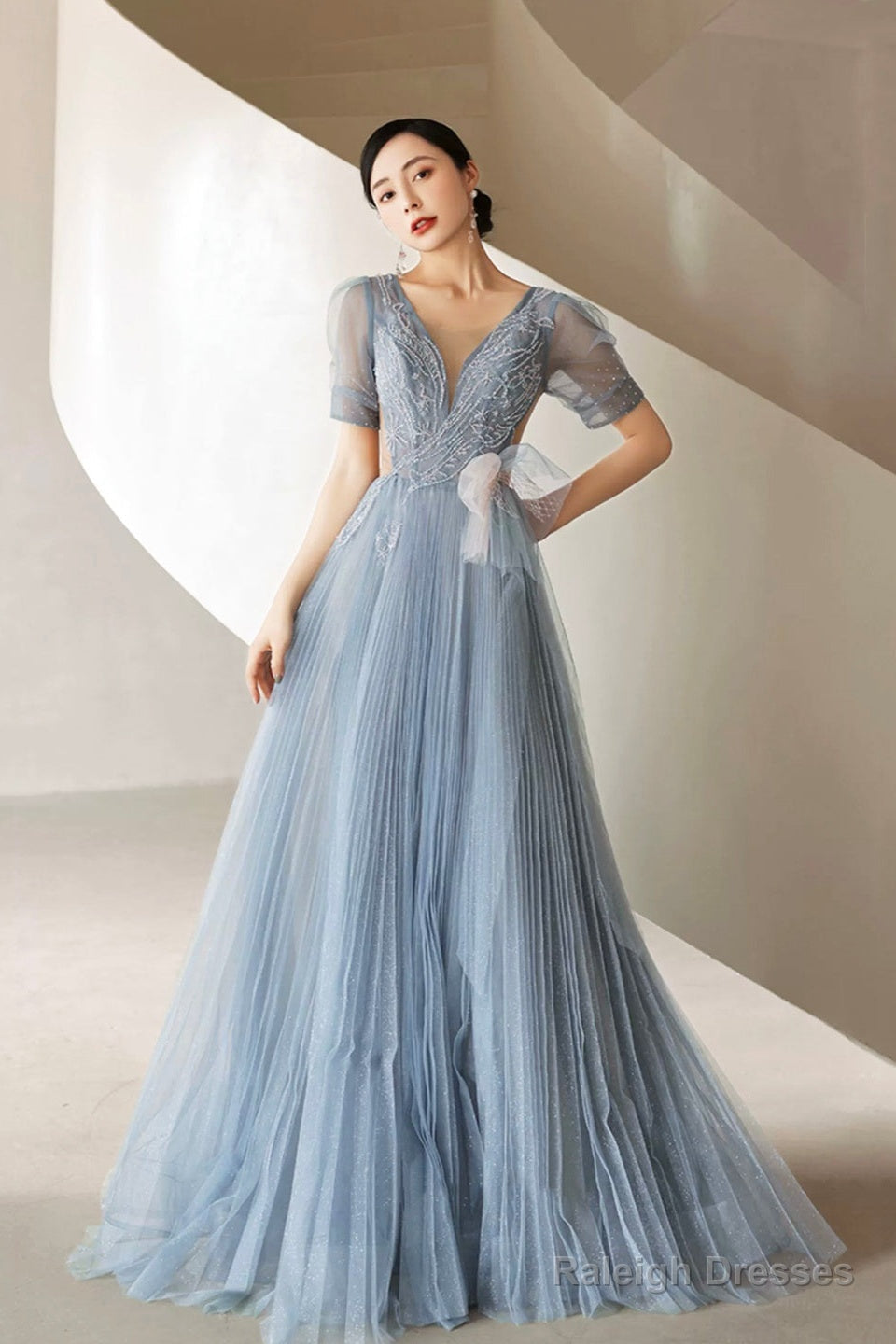 Dusty Blue Pleated Tulle Floor Length Prom Dresses Beautiful Short Sleeve Prom Dresses