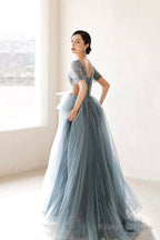 Dusty Blue Pleated Tulle Floor Length Prom Dress, Beautiful Short Sleeve Evening Party Dress