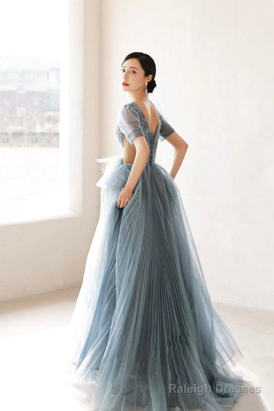 Dusty Blue Pleated Tulle Floor Length Prom Dress, Beautiful Short Sleeve Evening Party Dress