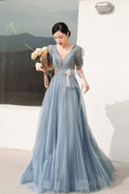 Dusty Blue Pleated Tulle Floor Length Prom Dress, Beautiful Short Sleeve Evening Party Dress