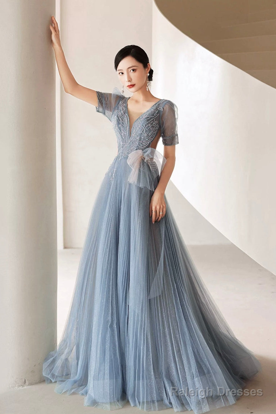 Dusty Blue Pleated Tulle Floor Length Prom Dress, Beautiful Short Sleeve Evening Party Dress Main image