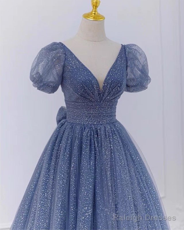 Dusty Blue Princess Sparkly Prom Dresses With Sleeves