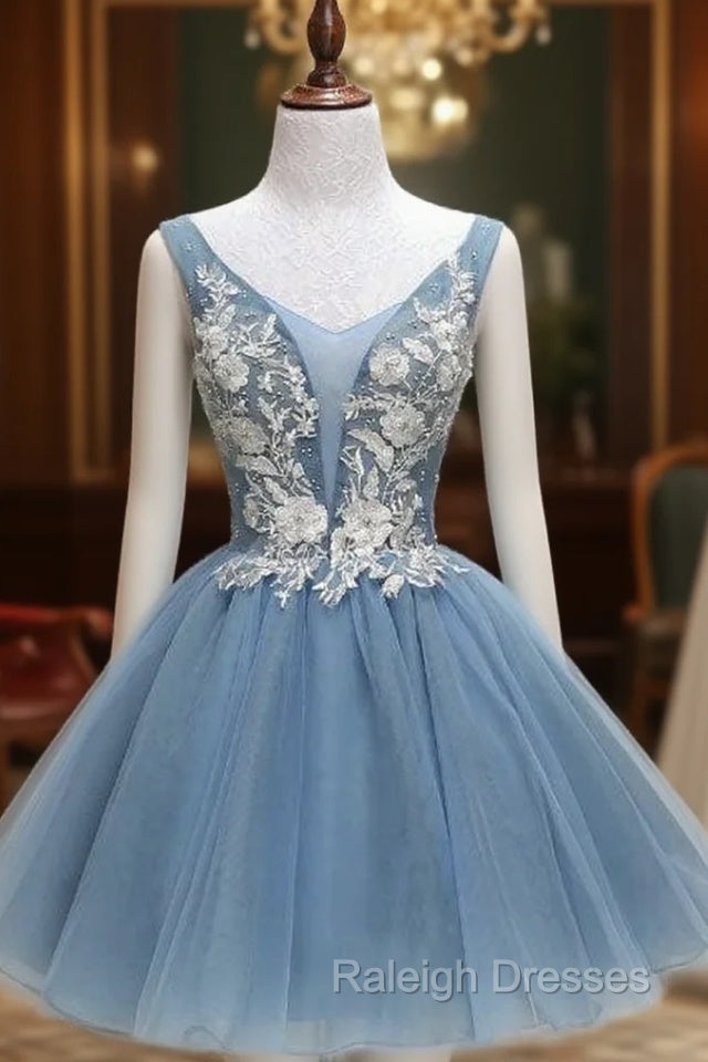 Dusty Blue Princess Tulle Appliqued Homecoming Dress – Raleigh Dresses