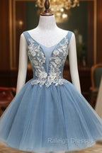 Dusty Blue Princess Tulle Appliqued Homecoming Dress