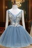 Dusty Blue Princess Tulle Appliqued Homecoming Dress