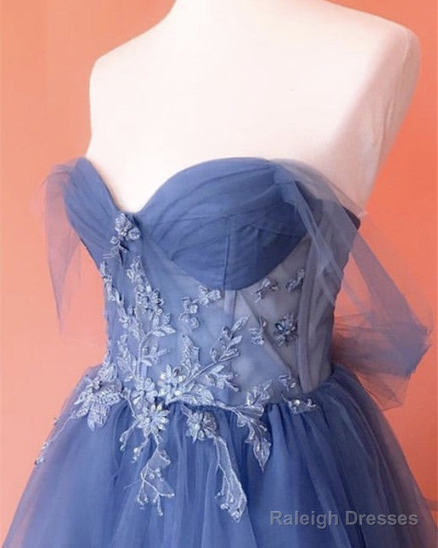 Dusty Blue Prom Dresses Tulle Corset Appliques
