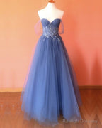 Dusty Blue Prom Dresses Tulle Corset Appliques
