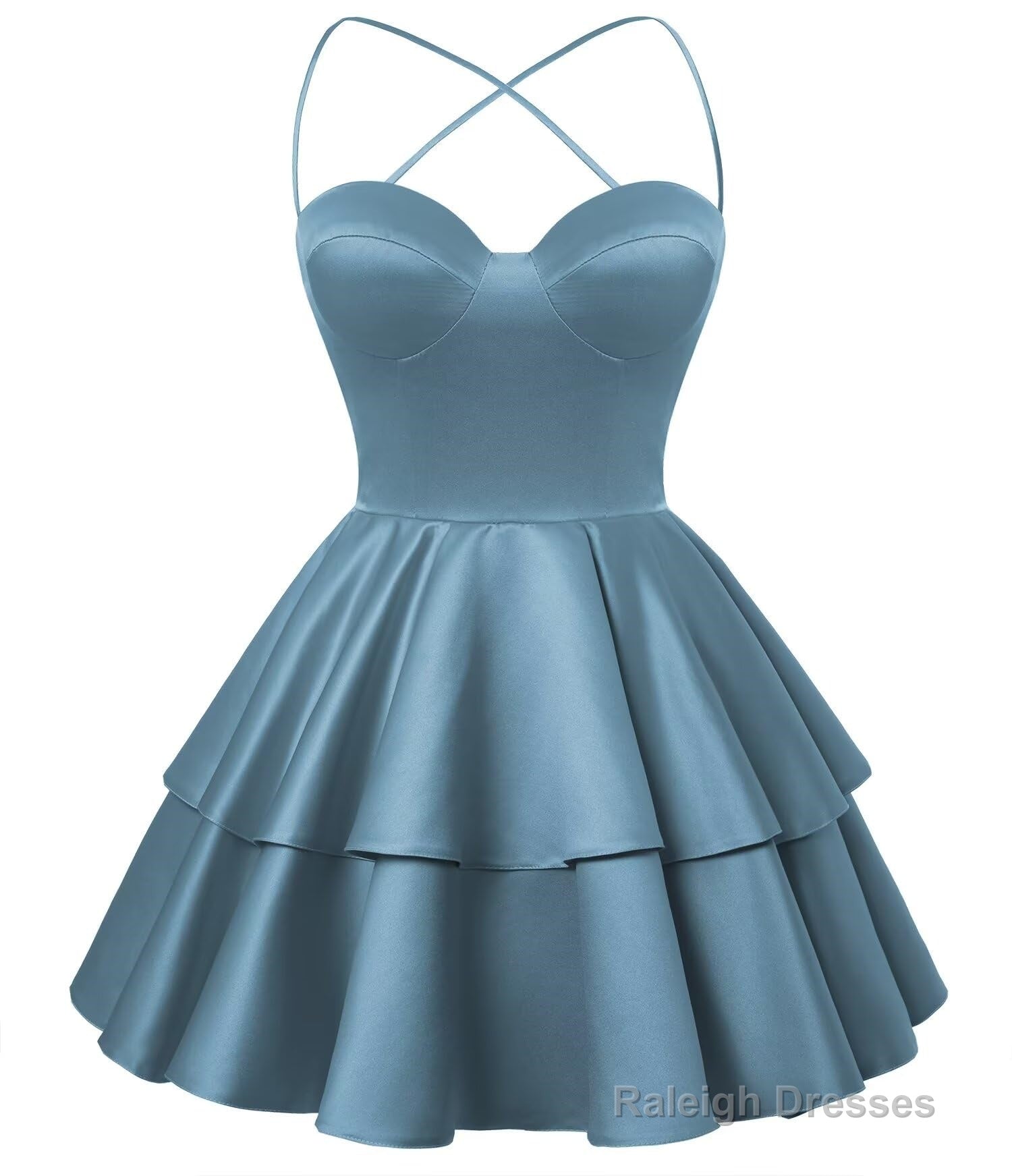 Dusty Blue Satin Homecoming Dress Sweetheart Neck Tiered Short Graduation Dresses Main image