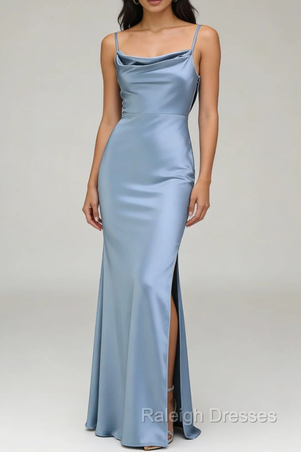 Dusty Blue Sheath Spaghetti Straps Satin Long Bridesmaid Dresses