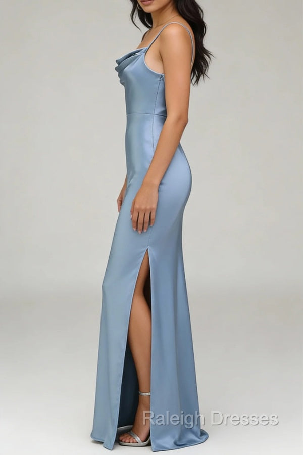 Dusty Blue Sheath Spaghetti Straps Satin Long Bridesmaid Dresses