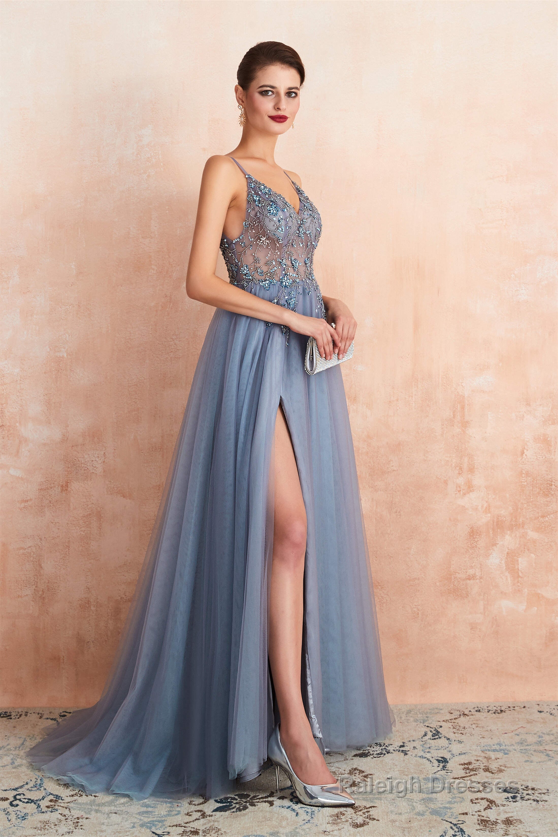 Spaghetti Straps V-neck Sheer Top Tulle Long Prom Dresses with Side Slit