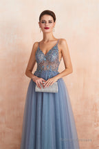 Spaghetti Straps V-neck Sheer Top Tulle Long Prom Dresses with Side Slit