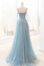 Dusty Blue Sparkly Tulle Long Prom Dress, A-Line Spaghetti Strap Evening Dress