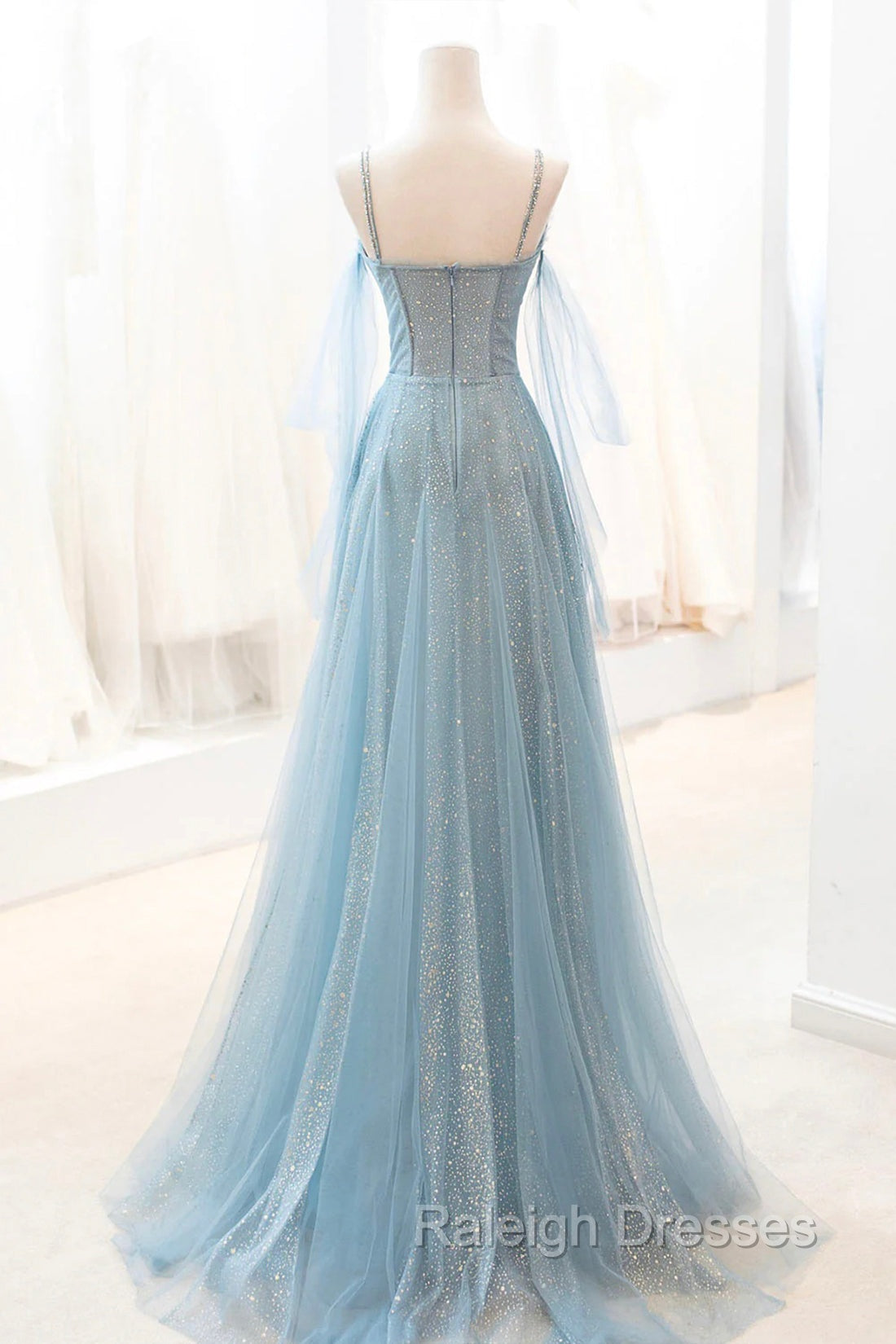 Dusty Blue Sparkly Tulle Long Prom Dress, A-Line Spaghetti Strap Evening Dress