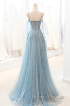 Dusty Blue Sparkly Tulle Long Prom Dress, A Line Spaghetti Strap Prom Dress