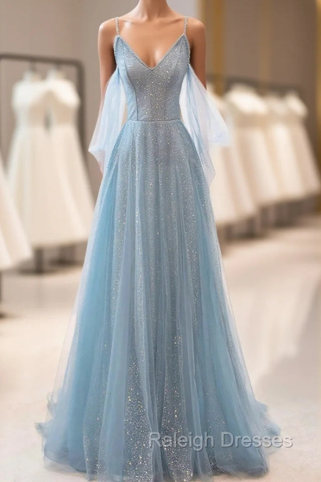 Dusty Blue Sparkly Tulle Long Prom Dress, A-Line Spaghetti Strap Evening Dress Main image
