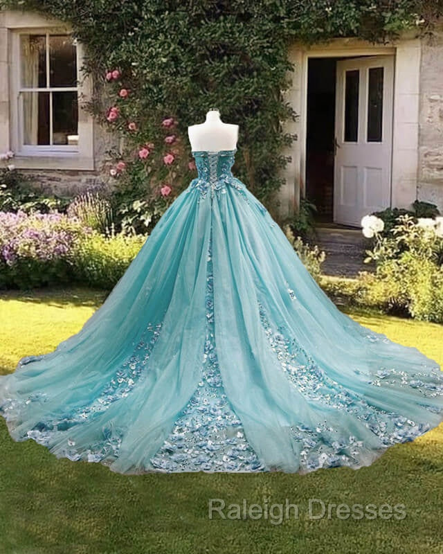 Dusty Blue Sweetheart Ball Gown Quinceanera Dress Strapless with 3D Flowers Secondary image