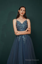 Dusty Blue Tulle A-line Low back Spaghetti strap Prom Dresses