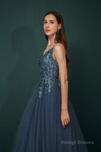 Dusty Blue Tulle A-line Low back Spaghetti strap Prom Dresses