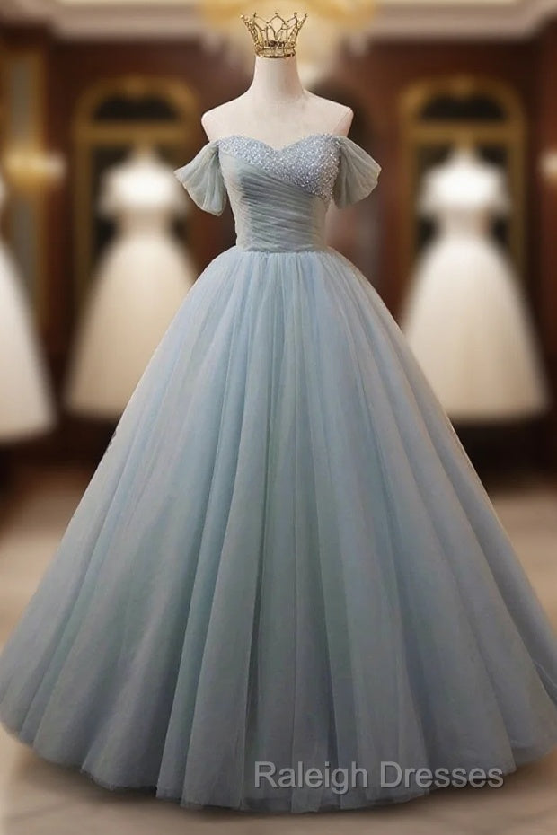 Dusty Blue Tulle Beaded Floor Length Formal Dress, Off The Shoulder A-Line Evening Party Dress Main image