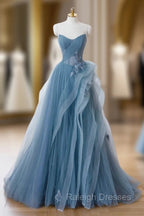 Dusty Blue Tulle Floor Length Prom Dresses, Blue Off the Shoulder Removable Sleeve Evening Dress