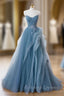 Dusty Blue Tulle Floor Length Prom Dresses, Blue Off the Shoulder Removable Sleeve Evening Dress