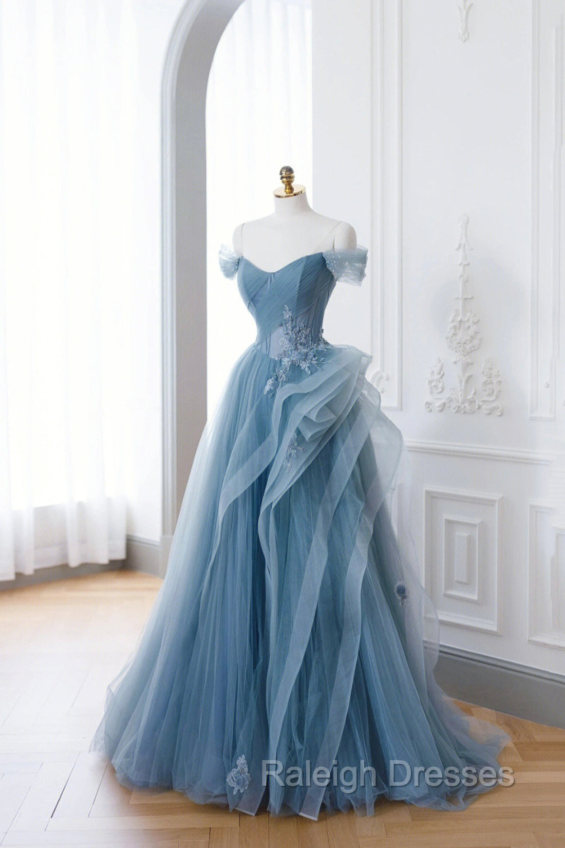 Dusty Blue Tulle Floor Length Prom Dresses, Blue Off the Shoulder Removable Sleeve Evening Dress Main image