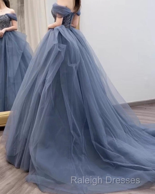Dusty Blue Tulle Prom Dresses Off Shoulder Secondary image