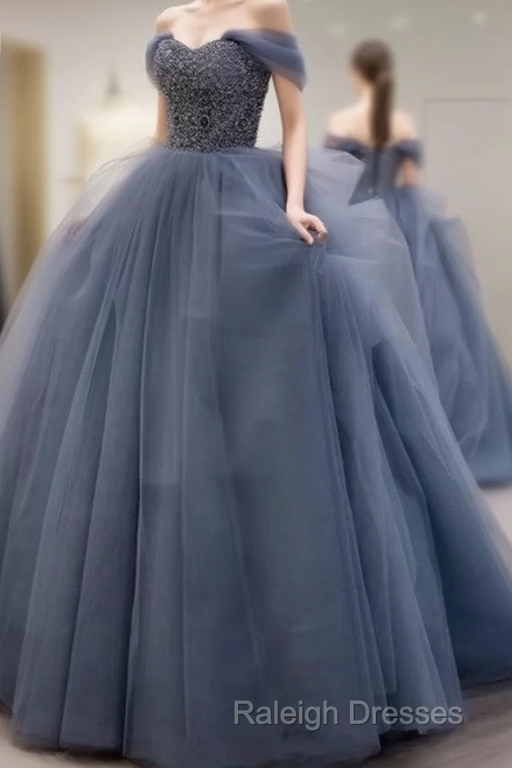 Dusty Blue Tulle Prom Dresses Off Shoulder Main image