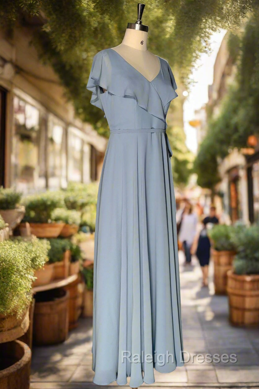 Dusty Blue V-Neck Chiffon Bridesmaid Dress Backless Ruffled Split for Teens A-Line Long Bridesmaid Dresses Secondary image