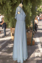 Dusty Blue V Neck Chiffon Bridesmaid Dresses Backless Ruffled Split for Teens A Line Long Bridesmaid Dress