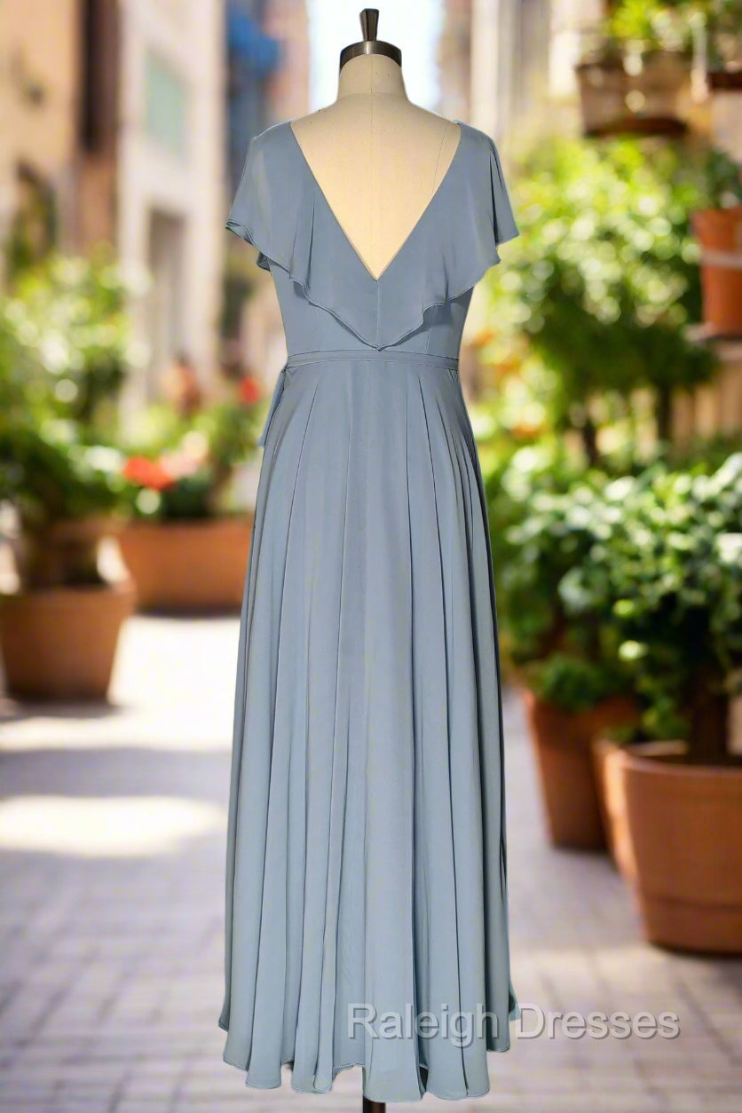 Dusty Blue V-Neck Chiffon Bridesmaid Dress Backless Ruffled Split for Teens A-Line Long Bridesmaid Dresses